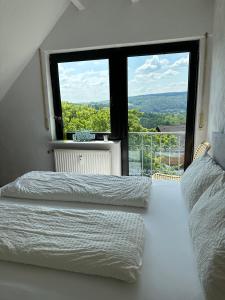- une chambre avec 2 lits et une grande fenêtre dans l'établissement Heidrun's Home, à Altendiez