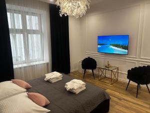 Schlafzimmer mit einem Bett und einem Flachbild-TV in der Unterkunft Apartament Shine Prywatne Jacuzzi Starowiślna Kraków in Krakau