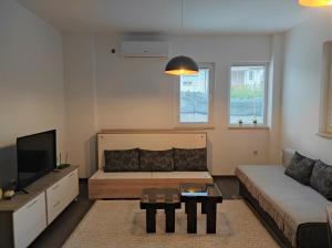 Una sala de estar con un sofá y un televisor. en Ohrid Apartment, en Ohrid