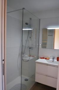 La salle de bains est pourvue d'une douche et d'un lavabo. dans l'établissement VUE MER- BEAU STUDIO - TERRASSE ABRITEE - Wi-Fi - CLIMATISATION - PARKING GRATUIT, au Lavandou