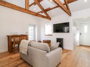 een woonkamer met een bank en een open haard bij Pear Tree Cottage in Saltash
