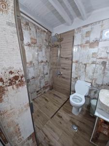 a bathroom with a shower with a toilet and a sink at IL TRAMONTO APARTMENT 1 in Kanali +11 photos
