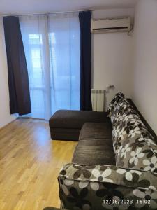 ein Wohnzimmer mit einem Sofa und einem Fenster in der Unterkunft Fabian central apartment in Bukarest