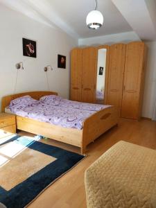 ein Schlafzimmer mit einem Bett und einigen Holzschränken in der Unterkunft Apartment Mathis & MTB-garage in Jáchymov