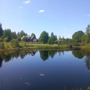 a view of a lake with a house in the background at Ventnieki 