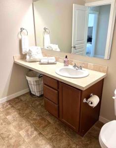 a bathroom with a sink and a mirror at 2 Story Meridian Home in Meridian