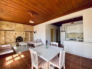 a kitchen and dining room with a table and a fireplace at To Petrino in Meyisti