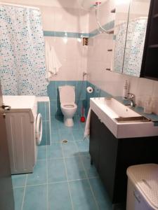 a blue and white bathroom with a toilet and a sink at villa Narkissos - Καναλάκι - Εξοχική κατοικία in Nárkissos
