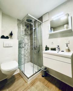 La salle de bains est pourvue d'une douche, de toilettes et d'un lavabo. dans l'établissement Ferienwohnung Berg&Tal - Naturnah, à Trèves