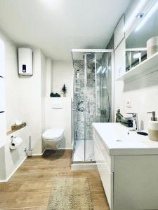 a white bathroom with a shower and a toilet at Ferienwohnung Berg&Tal - Naturnah in Trier