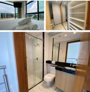 two pictures of a bathroom with a toilet and a shower at HOSPEDE-SE JÁ DUPLEX in Brasilia