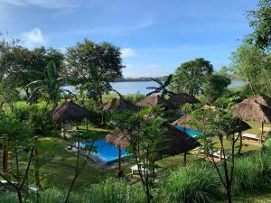 un complejo con piscina y sombrillas de paja en Web of Life Resort Wasgamuwa, en Talakolawela