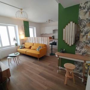 uma sala de estar com um sofá amarelo e uma cozinha em Magnifique T3 centre ville avec WIFI RDC em Limoux