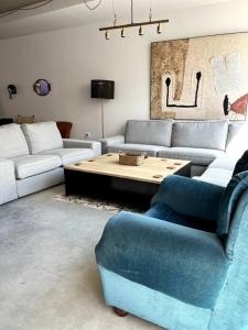 Sala de estar con sofás y mesa de centro en Villa Vintage Dulcinea, en Camuñas