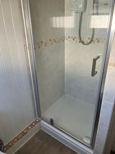 a shower with a glass door in a bathroom at Pensilva in Hayle