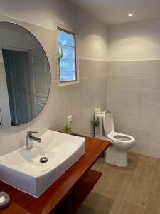 La salle de bains est pourvue d'un lavabo, de toilettes et d'un miroir. dans l'établissement Villa Dezil - Villa de Standing 6/8 pers - Piscine, à Les Trois-Îlets