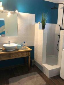 une salle de bain avec un lavabo, une douche et une baignoire dans l'établissement Villa Dezil - Villa de Standing 6/8 pers - Piscine, à Les Trois-Îlets
