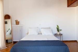 ピレウスにあるMarina Zeas Apartmentのベッドルーム1室(大型ベッド1台、青い毛布付)
