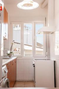 ピレウスにあるMarina Zeas Apartmentのキッチン(白い冷蔵庫付)、窓2つが備わります。