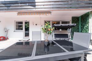 a glass table with a potted plant on top of it at Wohlfühlapartment Nähe Legoland mit Terrasse in Günzburg