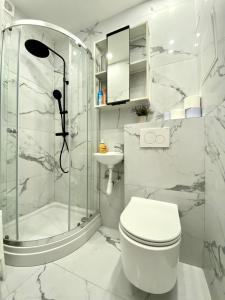 a bathroom with a shower and a toilet and a sink at Apartments Bex. in Antwerp