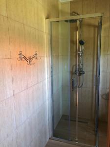y baño con ducha y puerta de cristal. en Mazurski domek en Mrągowo