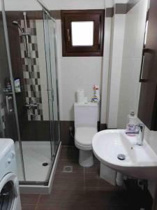 een badkamer met een douche, een toilet en een wastafel bij EPavli Xenia Pefkochori-Paliouri 50m in Paliouri