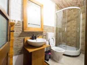 a bathroom with a sink and a toilet and a shower at Central Riverside in Timişoara