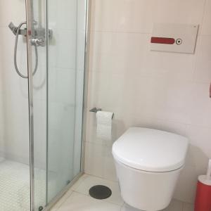 a bathroom with a toilet and a glass shower at ÍSIS Guest House in Braga