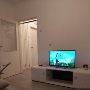 a living room with a flat screen tv on a cabinet at Apartment Beograd Dedinje VMA in Belgrade