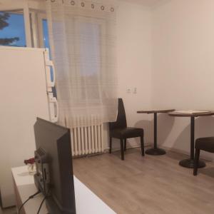 貝爾格勒的住宿－Apartment Beograd Dedinje VMA，客厅配有电视和2张桌子及椅子