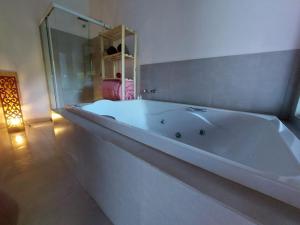 una grande vasca bianca in un bagno con specchio di Recanto da Floresta Suítes a Petrópolis
