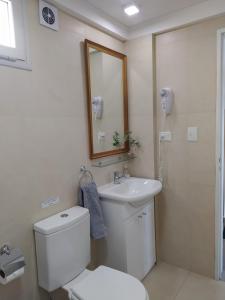 a bathroom with a toilet and a sink and a mirror at Del Santo San Rafael in Puerto Madryn