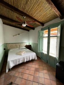 a bedroom with a bed and a ceiling fan at Graziosa stanza campidanese Su terzu in Oristano