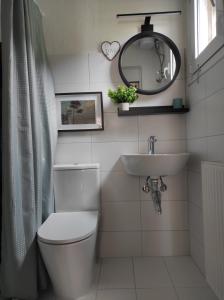 a bathroom with a toilet and a sink and a mirror at Verde rete apartments2 in Áno Stavrós