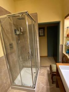 La salle de bains est pourvue d'une cabine de douche et d'un lavabo. dans l'établissement Lodge Villa Maria, à Teolo