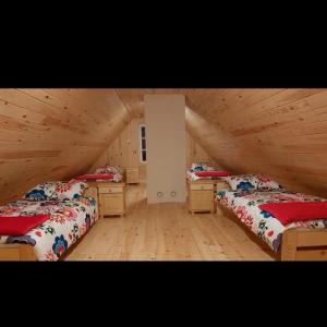 a bedroom with two beds in a wooden attic at Malowany Domek in Przymiłowice