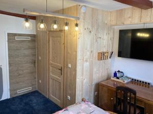 een kamer met een houten muur, een televisie en een deur bij Zur Baumwolle Family Suites in Neurenberg