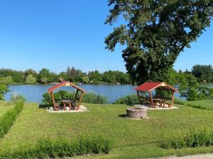 twee picknicktafels op het gras naast een meer bij 33 Apartman in Kiskunlacháza