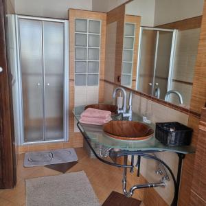 a bathroom with a sink and a mirror at Apartmány Vila Lucia 4 in Pilsen