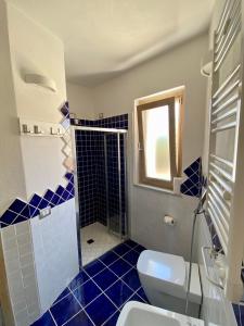 a bathroom with a toilet and a shower with blue tiles at A Punta Tegge il mare la spiaggia il tramonto in La Maddalena