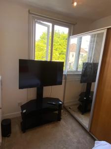 uma sala de estar com uma televisão de ecrã plano e um espelho em Spacious single and double bedroom in Southampton with free parking em Southampton