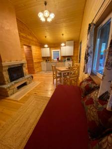 a living room with a couch and a table with a fireplace at Sosenkowe Zacisze in Ciche