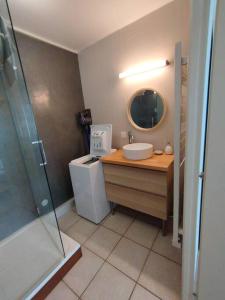 La salle de bains est pourvue d'un lavabo et d'un miroir. dans l'établissement Appartement 46, à Doussard