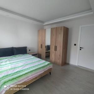 1 dormitorio con 1 cama grande y armarios de madera en Delfina and Delfino Cozy Home, en Kışlabucağı