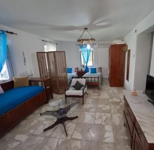Anezo's Exceptional View في سبيتسيس: غرفة معيشة مع أريكة وطاولة