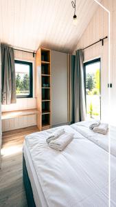 1 dormitorio con 2 camas y 2 ventanas en Wynki no. 69 en Łukta