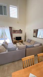 sala de estar con sofás, TV y mesa en Villa Lagonisi en Aghia Marina
