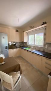 a large kitchen with a table and a window at Villa Lagonisi in Aghia Marina