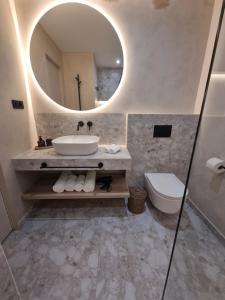 uma casa de banho com um lavatório, um espelho e um WC. em Old Town Olive Studio Apartment em Dubrovnik